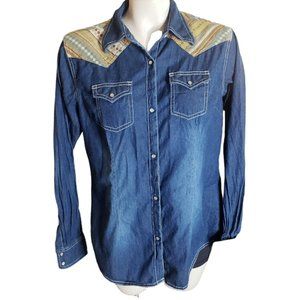 Wrangler M Long Sleeve Shirt Pearl Snap Button Up Denim & Aztec Yoke Shacket